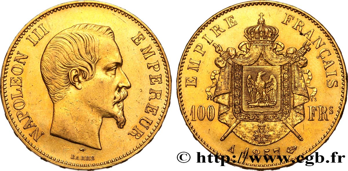 100 francs or Napoléon III, tête nue 1857 Paris F.550/4 MBC 
