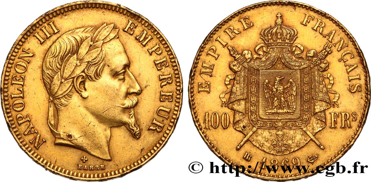 100 francs or Napoléon III, tête laurée 1869 Strasbourg F.551/13 SS 