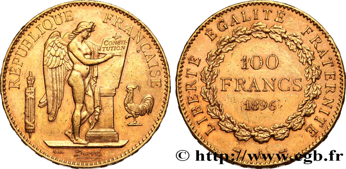 100 francs or Génie, tranche inscrite en relief Dieu protège la France 1896 Paris F.552/11 SUP 