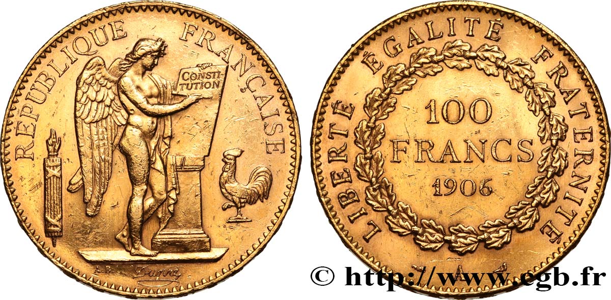100 francs or Génie, tranche inscrite en relief Dieu protège la France 1906 Paris F.552/19 AU 