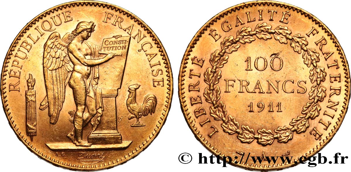 100 francs or Génie, tranche inscrite en relief Liberté Égalité Fraternité 1911 Paris F.553/5 SPL 