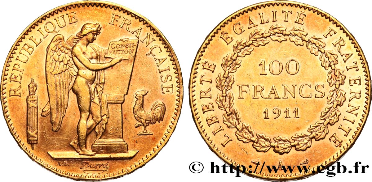 100 francs or Génie, tranche inscrite en relief Liberté Égalité Fraternité 1911 Paris F.553/5 SUP 
