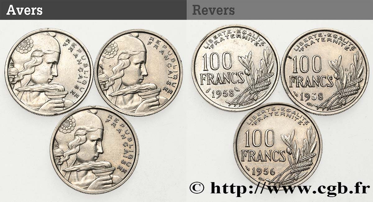 Lot de trois pièces de 100 francs Cochet n.d.  F.450/8 TTB+ 