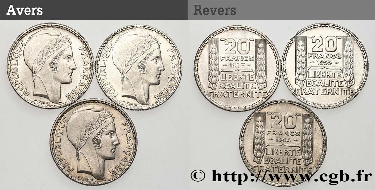 Lot de trois pièces de 20 francs Turin n.d.  F.400/6 VZ+ 