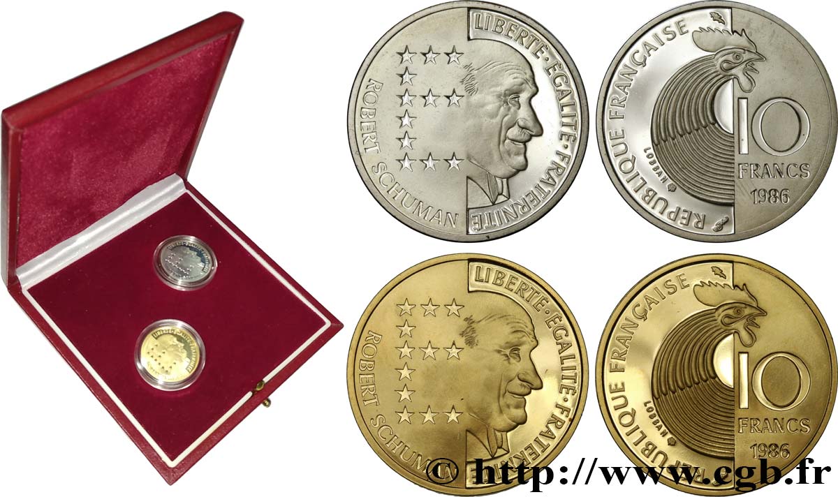 Coffret Belle Épreuve de deux 10 francs Schuman Or et Argent 1986  F5.1303 1 MS 