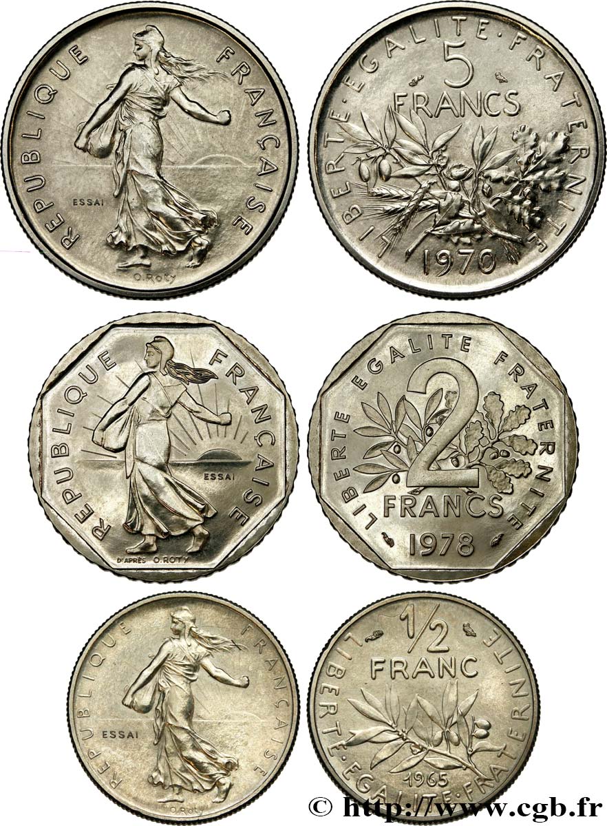 Lot de trois Essais du 1/2 franc, 2 Francs et 5 Francs Semeuse n.d. Paris F.198/2 fST 