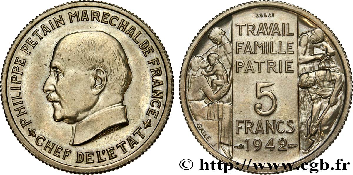 Essai grand module de 5 francs Pétain en bronze-nickel par Bazor et Galle 1942 Paris GEM.143 2 MS64 
