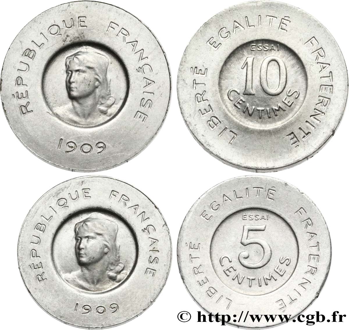 Lot de deux Essais de 5 et 10 centimes Rude en aluminium 1909 Paris GEM.15 8 fST63 