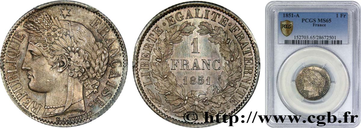 1 franc Cérès, IIe République 1851 Paris F.211/9 MS65 PCGS