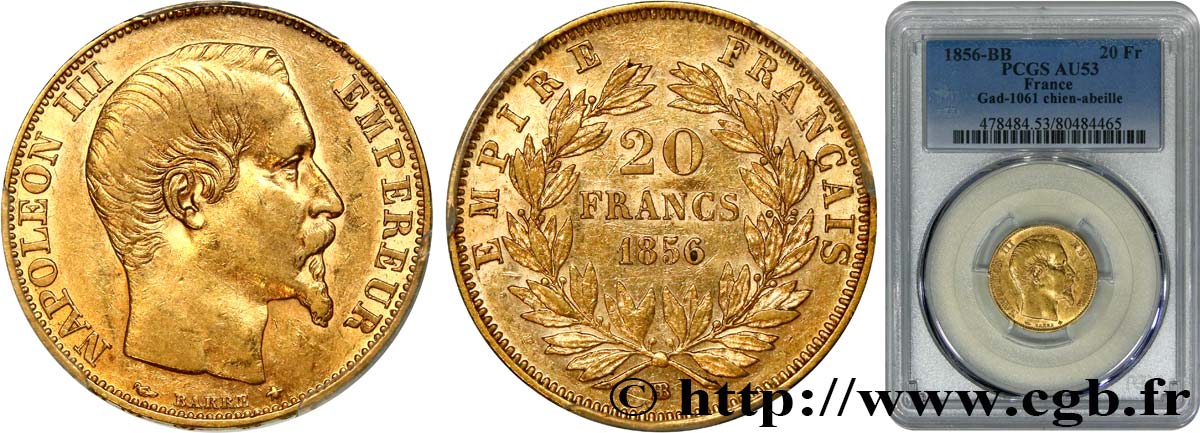 20 francs or Napoléon III, tête nue 1856 Strasbourg F.531/10 AU53 PCGS