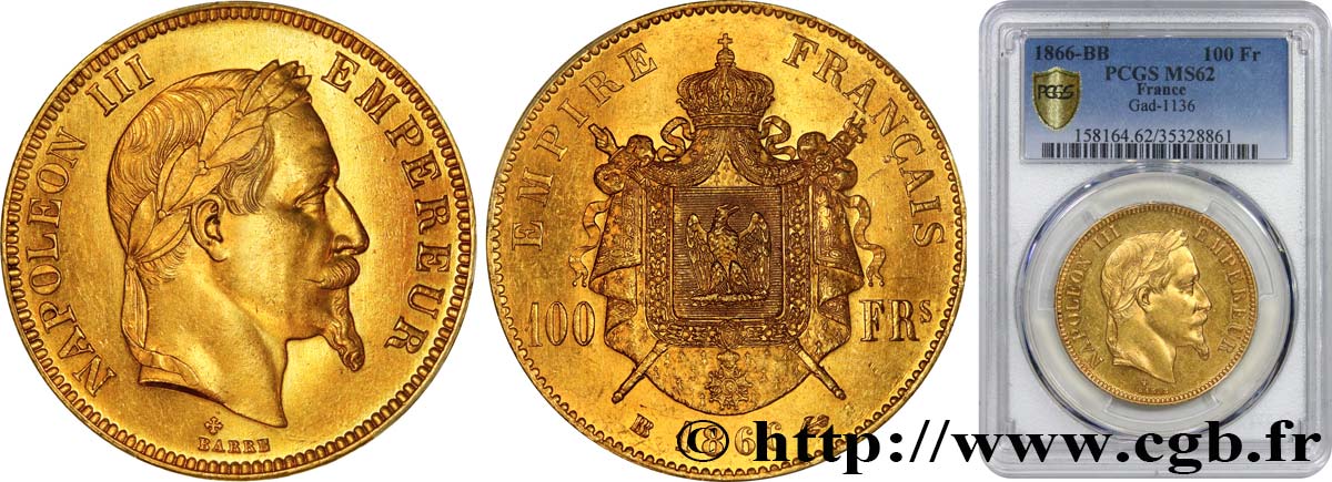 100 francs or Napoléon III, tête laurée 1866 Strasbourg F.551/7 SUP62 PCGS
