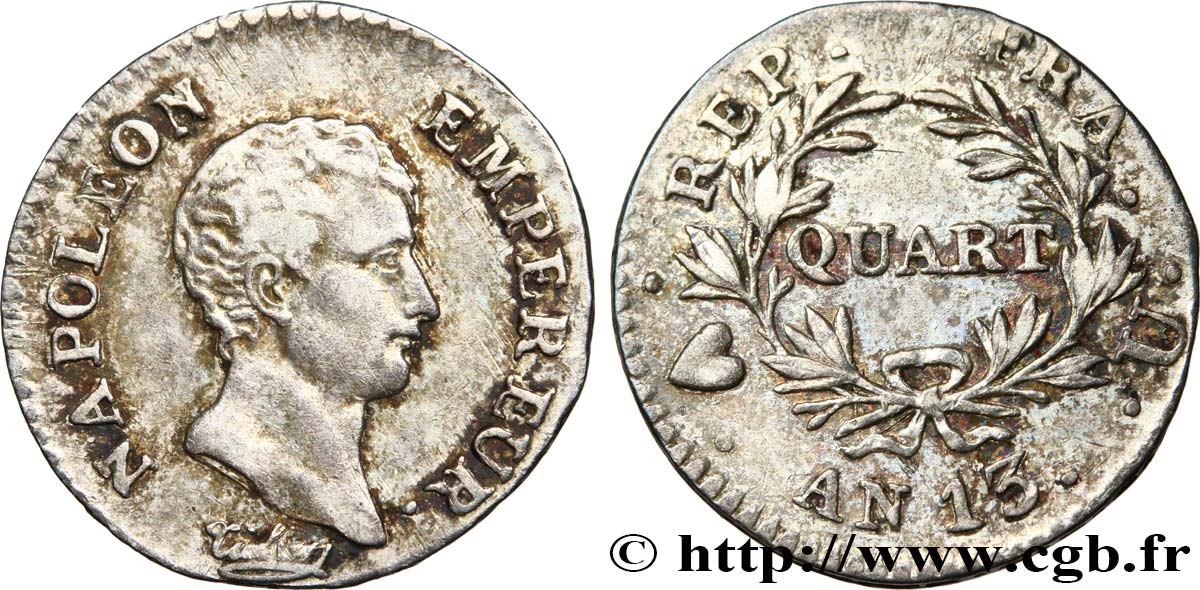 Quart (de franc) Napoléon Empereur, Calendrier révolutionnaire 1805 Turin F.158/17 MBC40 