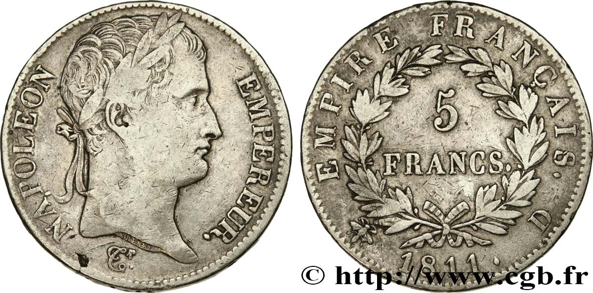 5 francs Napoléon Empereur, Empire français 1811 Lyon F.307/30 VF 