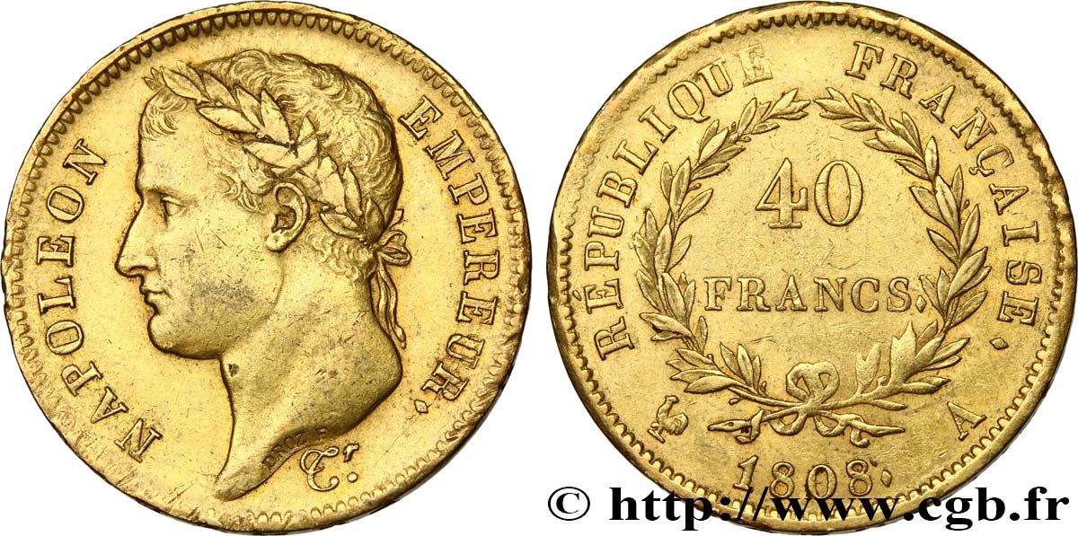 40 francs or Napoléon Ier tête laurée, République française 1808 Paris F.540/2 AU50 