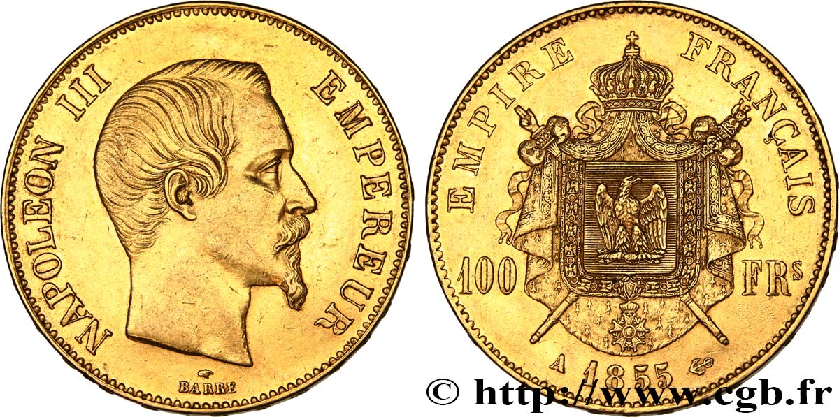 100 francs or Napoléon III, tête nue 1855 Paris F.550/1 SPL55 