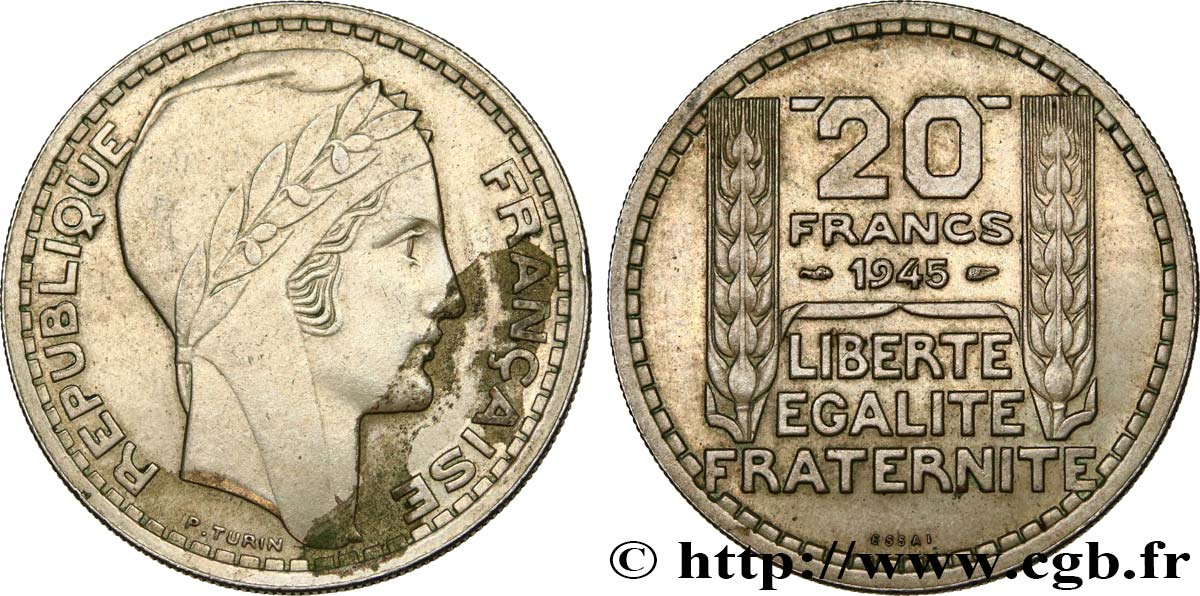 Essai de 20 francs Turin en cupro-nickel 1945 Paris GEM.206 1 AU 