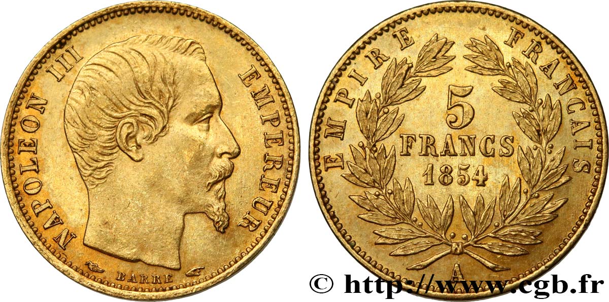 5 francs or Napoléon III, tête nue, petit module, tranche lisse 1854 Paris F.500/1 EBC60 