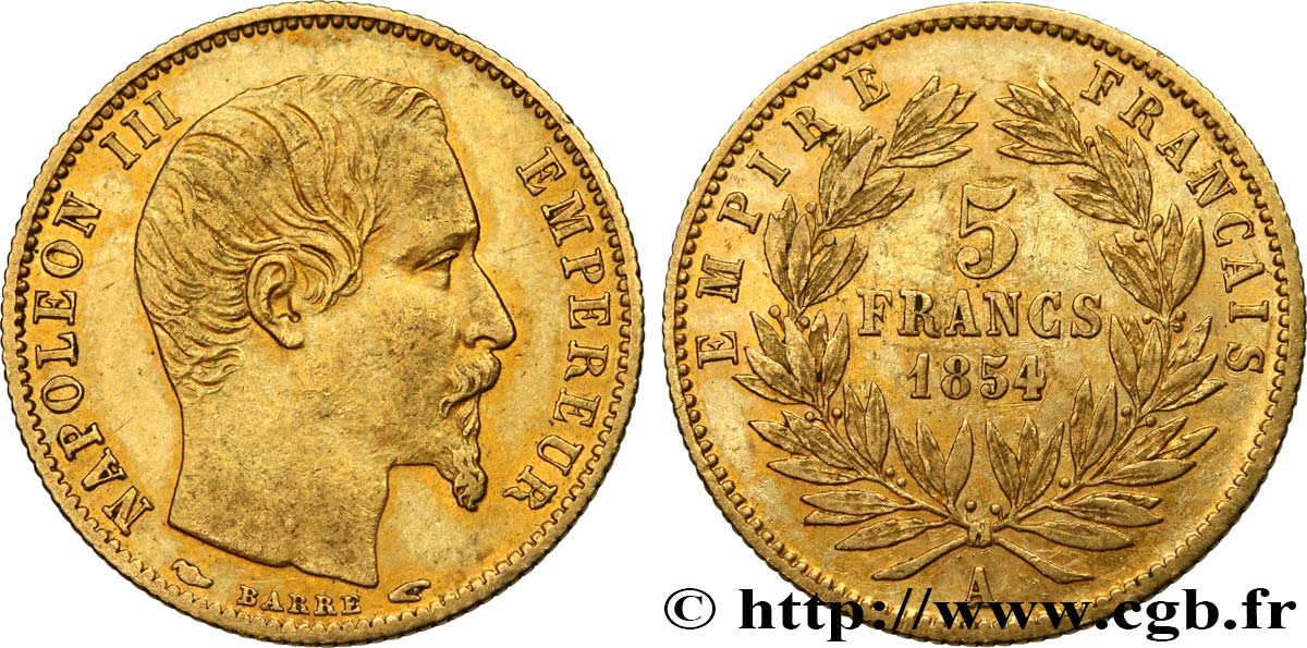 5 francs or Napoléon III, tête nue, petit module, tranche cannelée 1854 Paris F.500A/1 AU50 