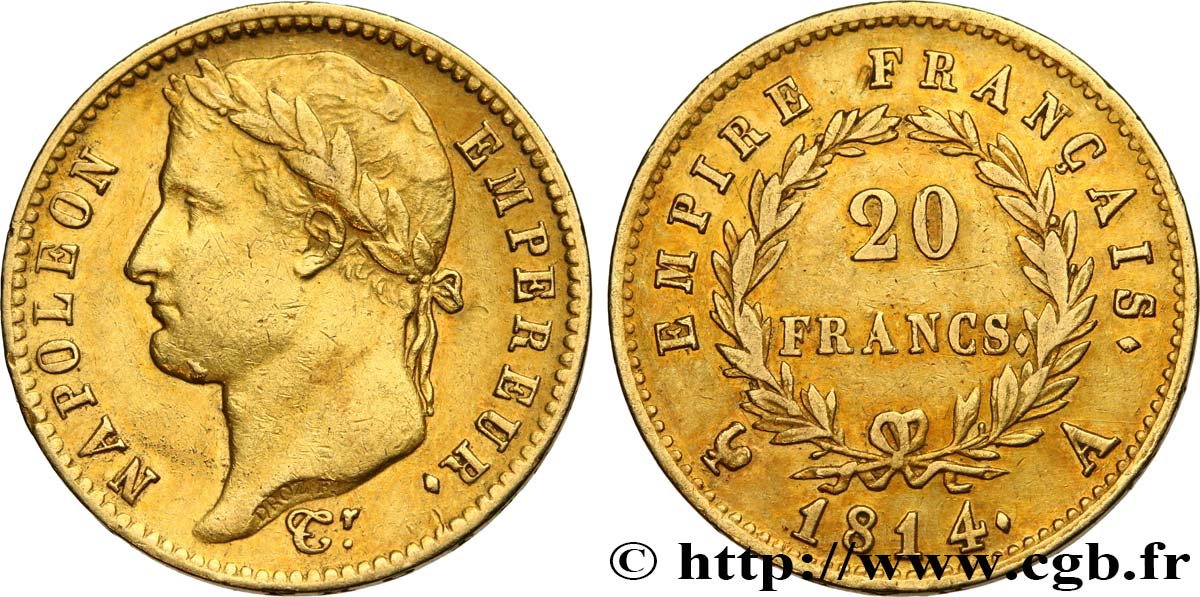20 francs or Napoléon tête laurée, Empire français 1814 Paris F.516/39 TTB45 