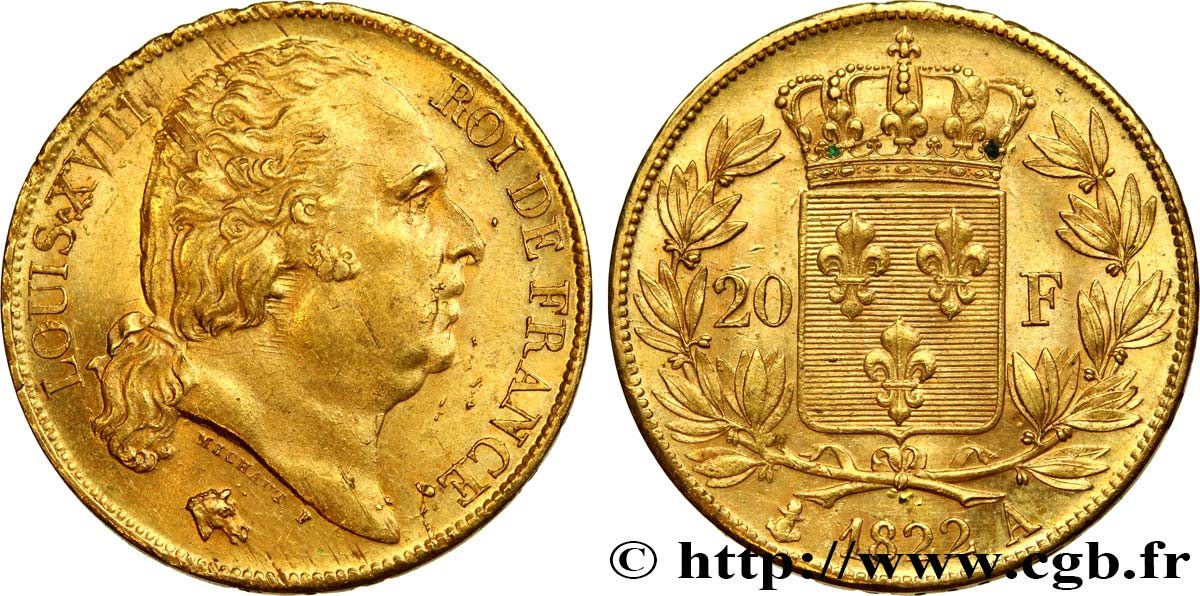 20 francs or Louis XVIII, tête nue 1822 Paris F.519/26 AU 