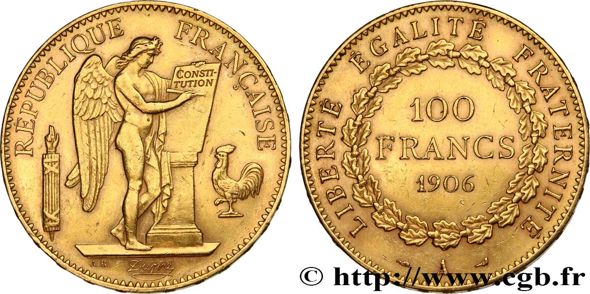 100 francs or Génie, tranche inscrite en relief Dieu protège la France 1906 Paris F.552/19 EBC58 