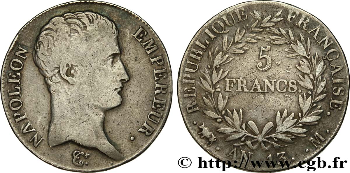 5 francs Napoléon Empereur, Calendrier révolutionnaire 1805 Toulouse F.303/13 MB 