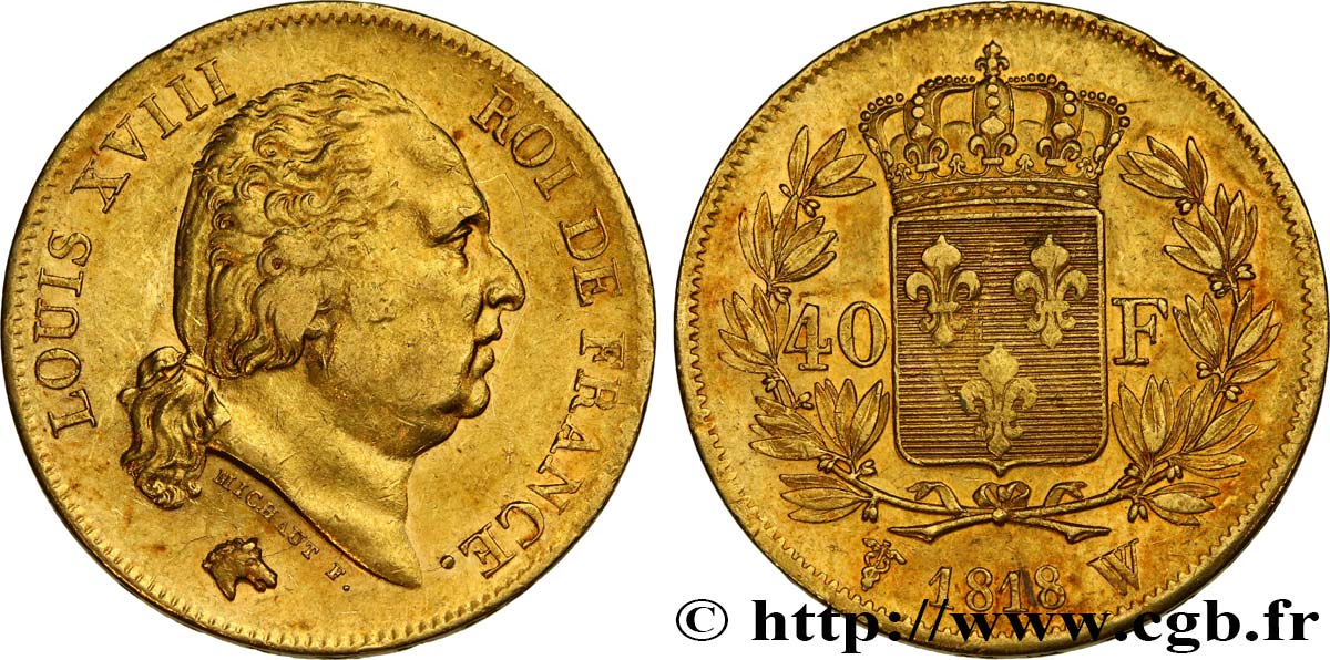 40 francs or Louis XVIII 1818 Lille F.542/8 XF 