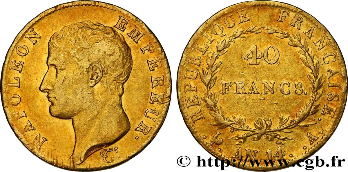 40 francs or Napoléon tête nue, Calendrier révolutionnaire 1805 Paris F.537/2 MBC 