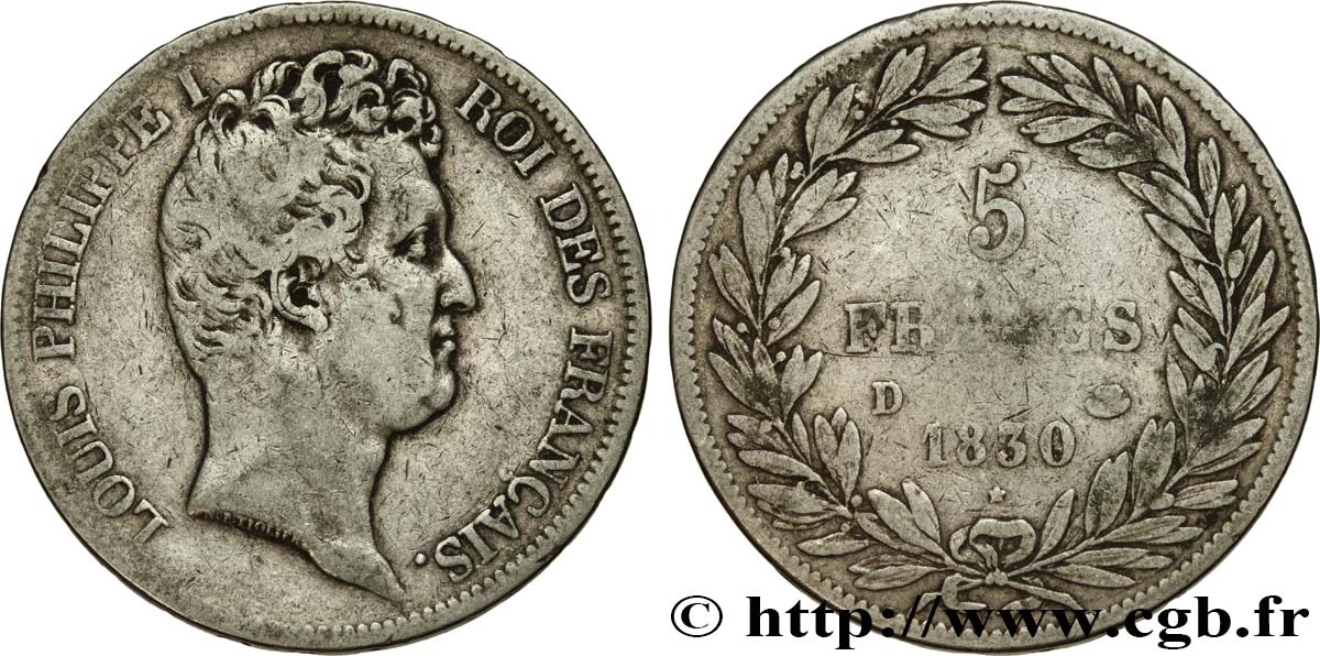5 francs type Tiolier avec le I, tranche en creux 1830 Lyon F.315/4 S22 
