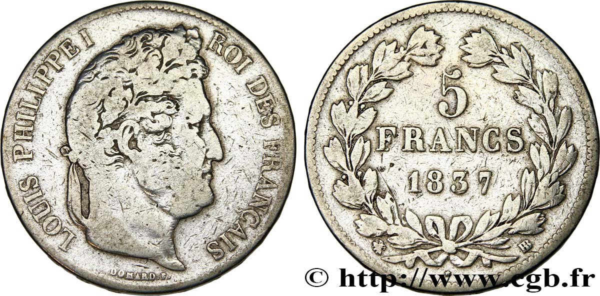 5 francs IIe type Domard 1837 Strasbourg F.324/63 B+ 