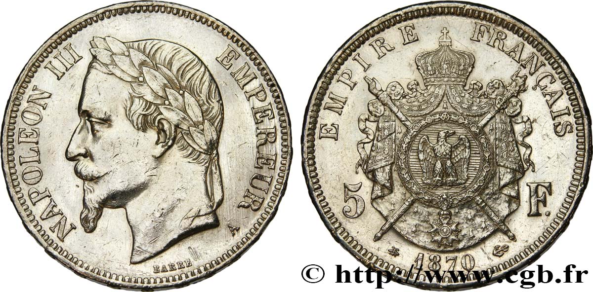5 francs Napoléon III, tête laurée 1870 Paris F.331/16 q.SPL 