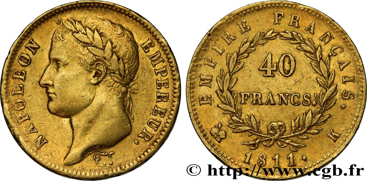 40 francs or Napoléon tête laurée, Empire français, tranche fautée 1811 Bordeaux F.541/8 TTB48 