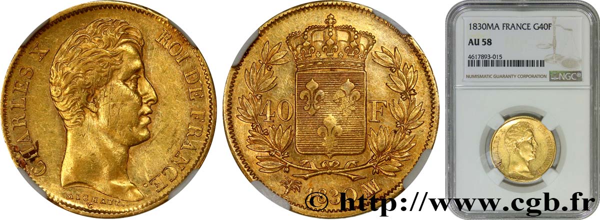 40 francs or Charles X, 2e type 1830 Marseille F.544/6 VZ58 NGC