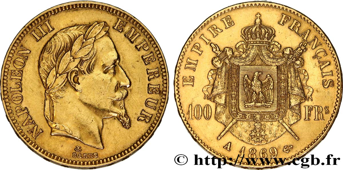 100 francs or Napoléon III, tête laurée 1869 Paris F.551/12 fVZ 