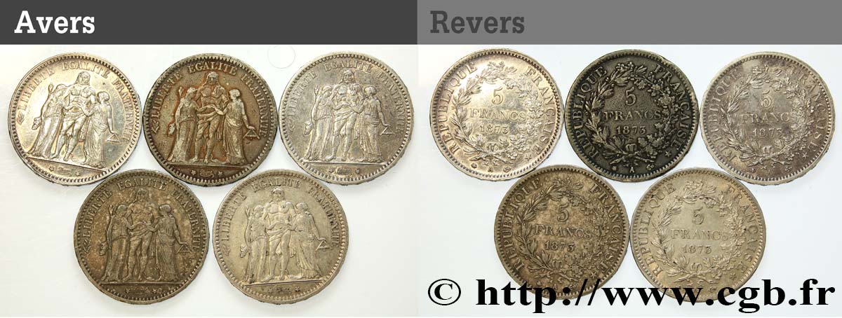 Lot de cinq pièces de 5 francs Hercule 1873 Paris F.334/9 BC/MBC 