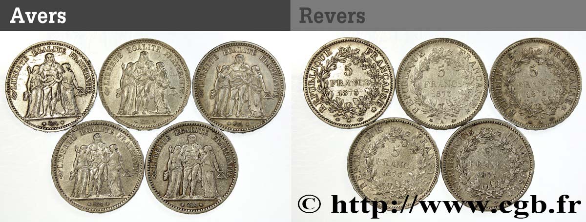 Lot de cinq pièces de 5 francs Hercule 1873 Paris F.334/9 VF/XF 
