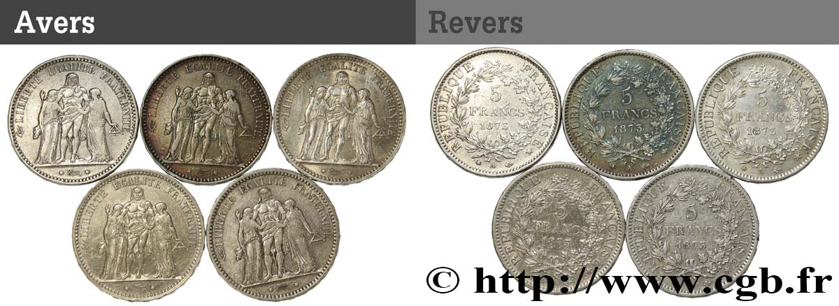 Lot de cinq pièces de 5 francs Hercule 1873 Paris F.334/9 TB/TTB 