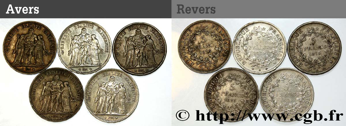 Lot de cinq pièces de 5 francs Hercule 1875 Paris F.334/14 TB/TTB 