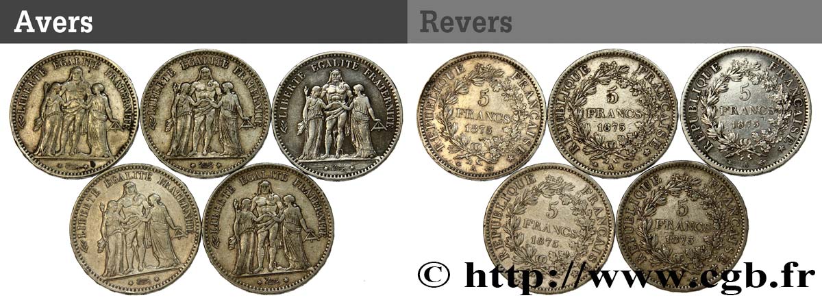 Lot de cinq pièces de 5 francs Hercule 1875 Paris F.334/14 VF/XF 