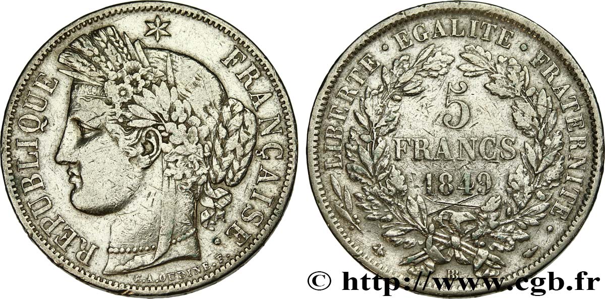 5 francs Cérès, IIe République 1849 Strasbourg F.327/3 TB 