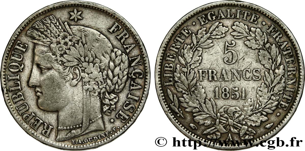 5 francs Cérès, IIe République 1851 Paris F.327/7 VF30 