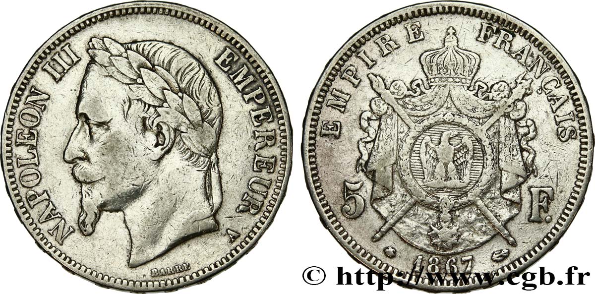 5 francs Napoléon III, tête laurée 1867 Paris F.331/10 S 