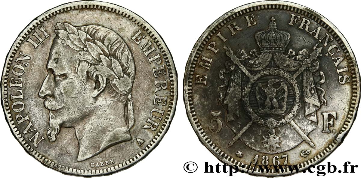 5 francs Napoléon III, tête laurée 1867 Paris F.331/10 VF 