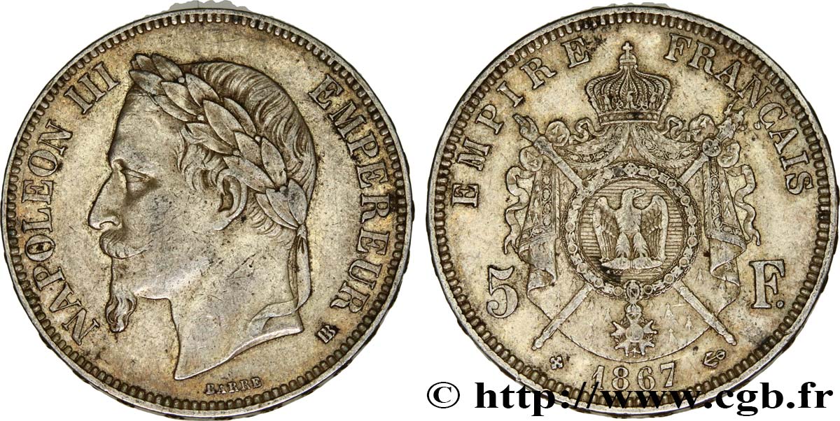 5 francs Napoléon III, tête laurée 1867 Strasbourg F.331/11 XF48 