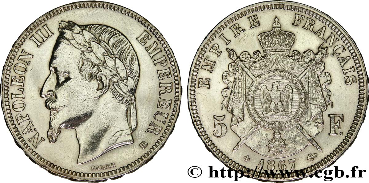 5 francs Napoléon III, tête laurée 1867 Strasbourg F.331/11 fVZ 