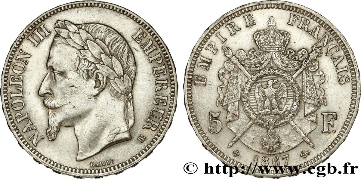 5 francs Napoléon III, tête laurée 1867 Strasbourg F.331/11 MBC+ 