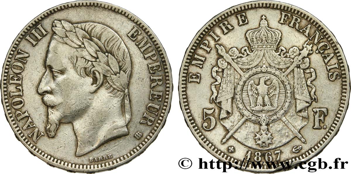 5 francs Napoléon III, tête laurée 1867 Strasbourg F.331/11 TB 