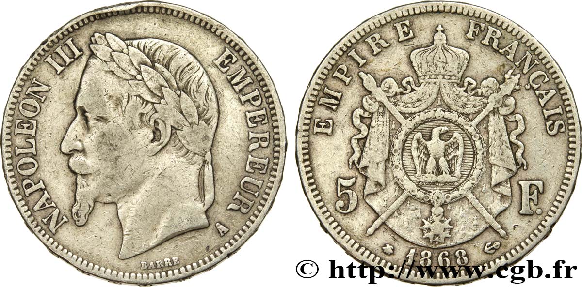 5 francs Napoléon III, tête laurée 1868 Paris F.331/12 TB25 