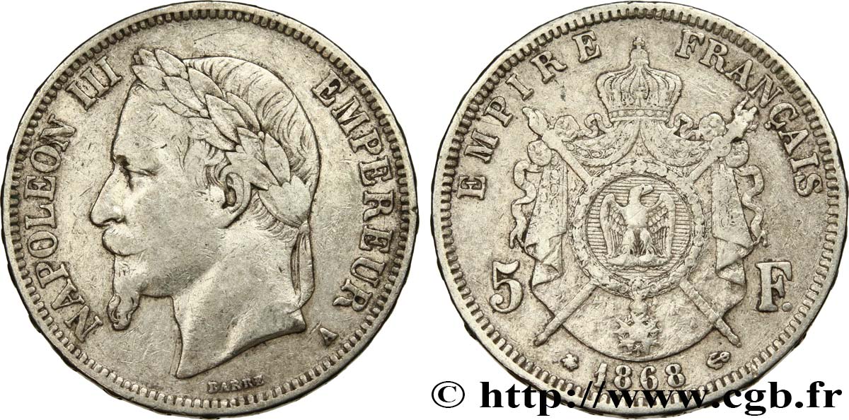 5 francs Napoléon III, tête laurée 1868 Paris F.331/12 BC25 