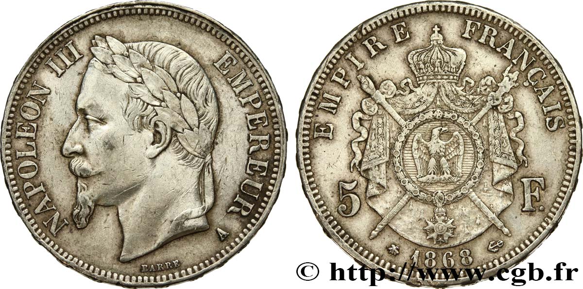 5 francs Napoléon III, tête laurée 1868 Paris F.331/12 BB 